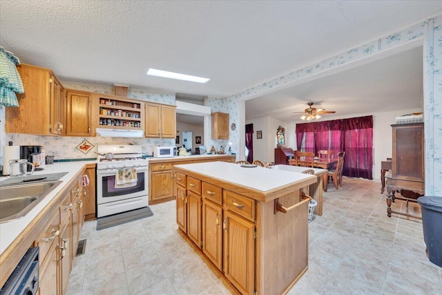 1320 Horseshoe Point Rd, Henry, VA 24102 - kitchen with white appliances, light countertops, a sink, open shelves, and a center island