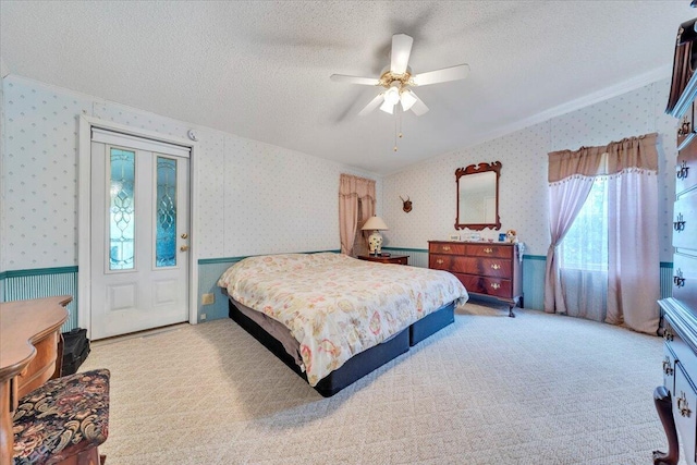1320 Horseshoe Point Rd, Henry, VA 24102 - carpeted bedroom with wallpapered walls, crown molding, a textured ceiling, and a ceiling fan