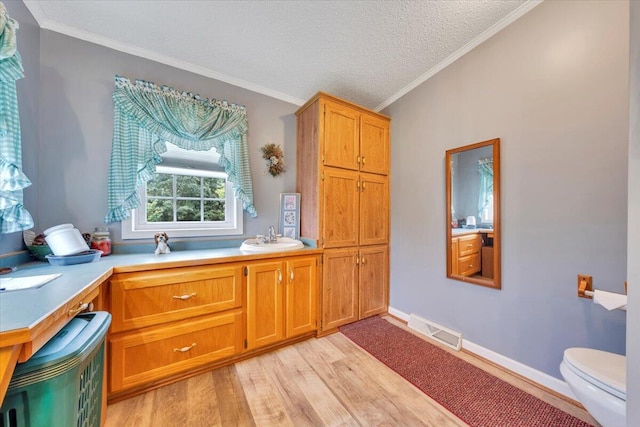 1320 Horseshoe Point Rd, Henry, VA 24102 - bathroom with toilet, wood finished floors, a sink, ornamental molding, and a textured ceiling
