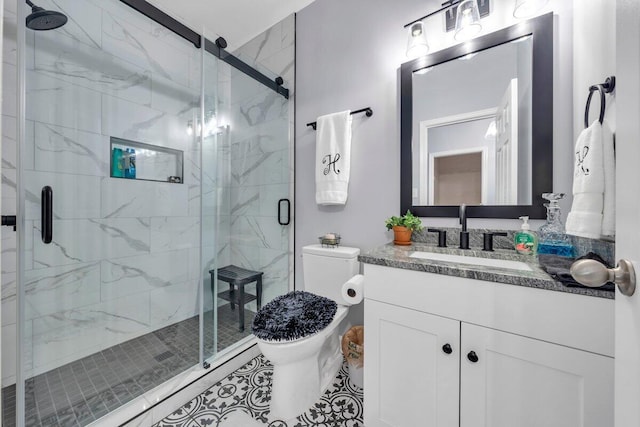 1017 Joffrey Dr, Huddleston, VA 24104 - full bath with toilet, vanity, a marble finish shower, and tile patterned flooring