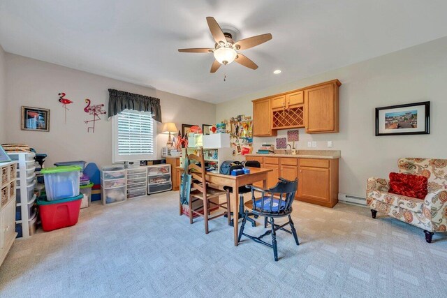 1017 Joffrey Dr, Huddleston, VA 24104 - dining area featuring ceiling fan, light carpet, baseboard heating, and recessed lighting