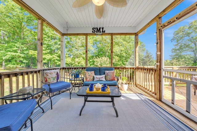 1017 Joffrey Dr, Huddleston, VA 24104 - sunroom with a ceiling fan and an outdoor living space