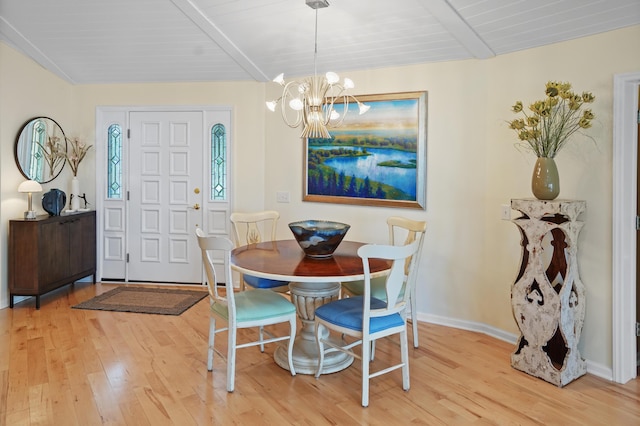 392 Carrs Point Ln, Moneta, VA 24121 - dining area with wood finished floors, a chandelier, baseboards, and wood ceiling with exposed beams