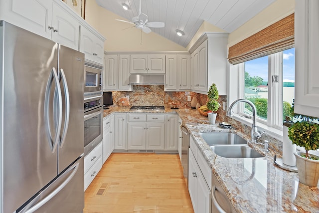 392 Carrs Point Ln, Moneta, VA 24121 - kitchen with appliances with stainless steel finishes, a sink, under cabinet range hood, ceiling fan, and light wood-style floors