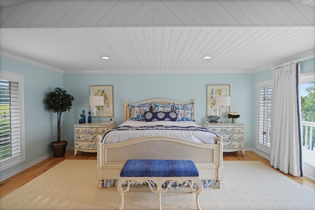 392 Carrs Point Ln, Moneta, VA 24121 - bedroom featuring wood finished floors, baseboards, wood ceiling, ornamental molding, and recessed lighting