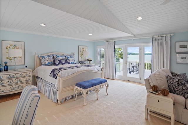 392 Carrs Point Ln, Moneta, VA 24121 - bedroom featuring access to outside, recessed lighting, ornamental molding, and a water view