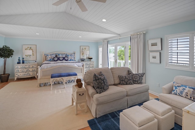 392 Carrs Point Ln, Moneta, VA 24121 - bedroom featuring baseboards, a ceiling fan, access to exterior, wood finished floors, and lofted ceiling