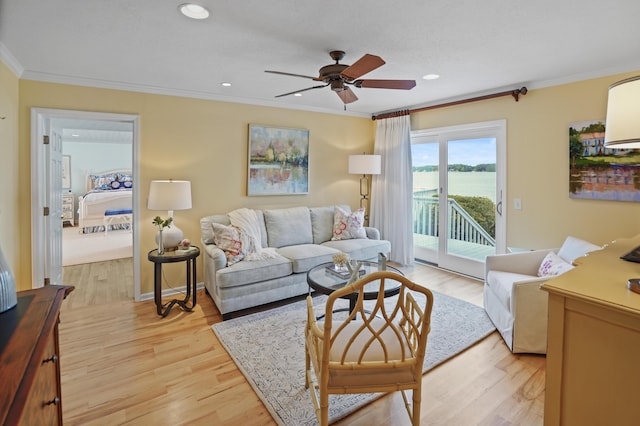392 Carrs Point Ln, Moneta, VA 24121 - living area featuring crown molding, ceiling fan, light wood finished floors, recessed lighting, and a water view