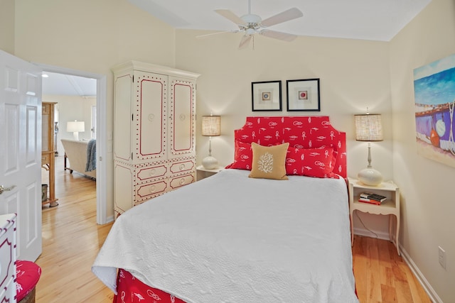 392 Carrs Point Ln, Moneta, VA 24121 - bedroom with light wood-style floors, ceiling fan, baseboards, and high vaulted ceiling