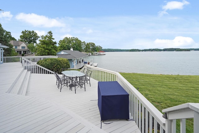 392 Carrs Point Ln, Moneta, VA 24121 - wooden terrace featuring a water view, outdoor dining space, a yard, and area for grilling
