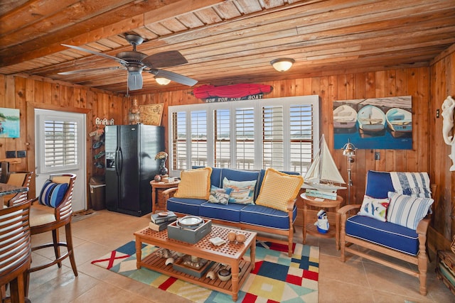 392 Carrs Point Ln, Moneta, VA 24121 - living room with wooden walls, light tile patterned flooring, wooden ceiling, and ceiling fan