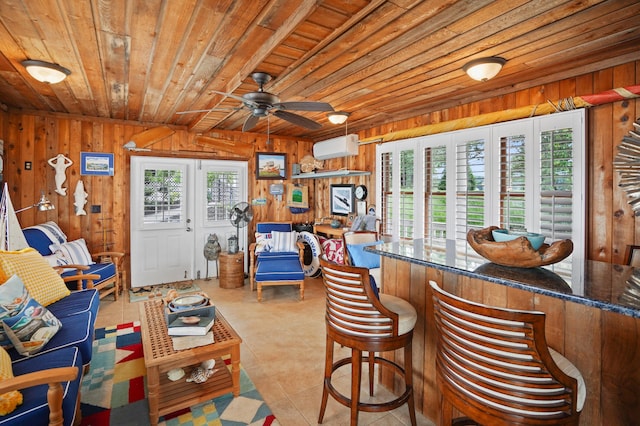 392 Carrs Point Ln, Moneta, VA 24121 - bar with wooden ceiling, wood walls, tile patterned floors, and ceiling fan