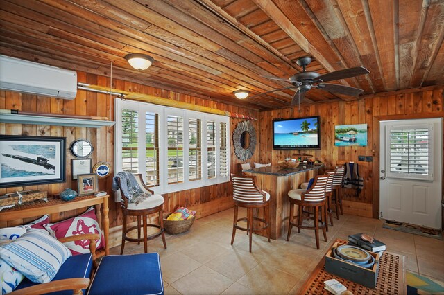 392 Carrs Point Ln, Moneta, VA 24121 - dining area featuring wood ceiling, an AC wall unit, plenty of natural light, wooden walls, and light tile patterned floors