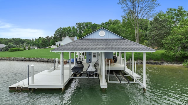 392 Carrs Point Ln, Moneta, VA 24121 - dock area featuring boat lift, a water view, a lawn, and view of wooded area