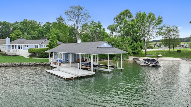 392 Carrs Point Ln, Moneta, VA 24121 - dock area with boat lift, a water view, and a yard