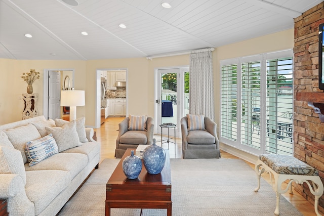 392 Carrs Point Ln, Moneta, VA 24121 - living room with light wood-type flooring, recessed lighting, and wooden ceiling