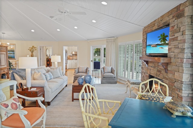 392 Carrs Point Ln, Moneta, VA 24121 - living area with ceiling fan and a fireplace