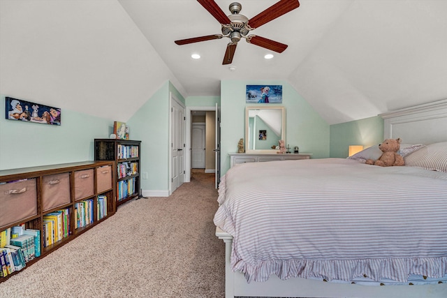 4742 Leigh Ln, Roanoke, VA 24018 - bedroom with lofted ceiling, light carpet, baseboards, recessed lighting, and ceiling fan