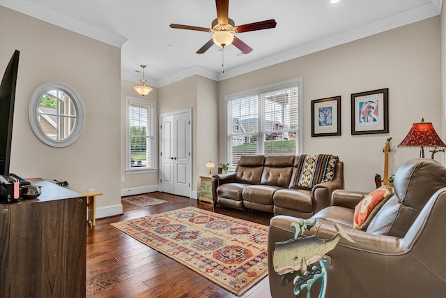 4742 Leigh Ln, Roanoke, VA 24018 - living room featuring dark wood-style flooring, a ceiling fan, baseboards, and crown molding