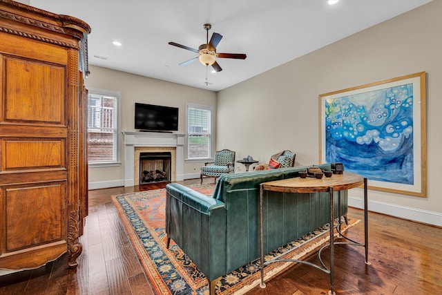 4742 Leigh Ln, Roanoke, VA 24018 - living area with baseboards, ceiling fan, recessed lighting, a fireplace, and dark wood-style flooring