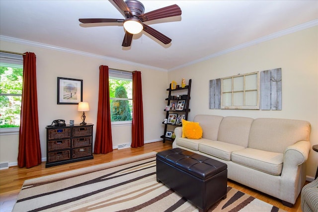 7268 Twin Forks Dr, Roanoke, VA 24019 - living room featuring wood finished floors, ornamental molding, baseboards, and ceiling fan