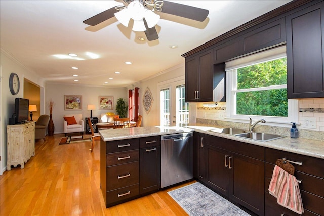 7268 Twin Forks Dr, Roanoke, VA 24019 - kitchen featuring stainless steel dishwasher, a sink, a peninsula, crown molding, and decorative backsplash