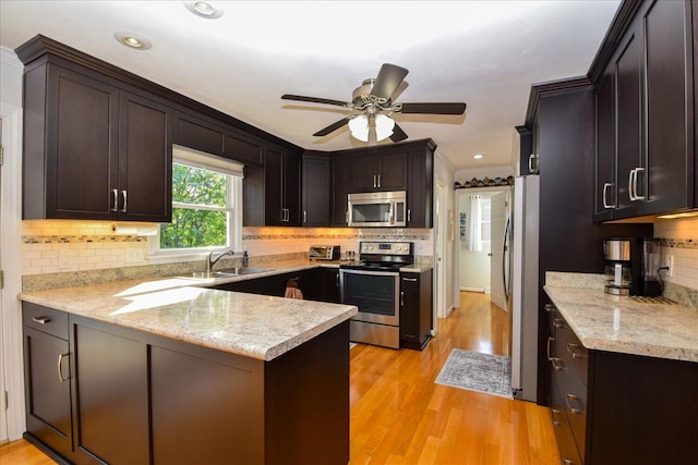 7268 Twin Forks Dr, Roanoke, VA 24019 - kitchen with stainless steel appliances, a peninsula, a sink, decorative backsplash, and light wood-style floors