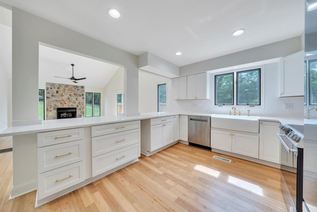 6695 Raintree Rd, Roanoke, VA 24018 - kitchen with appliances with stainless steel finishes, a sink, a peninsula, ceiling fan, and light countertops
