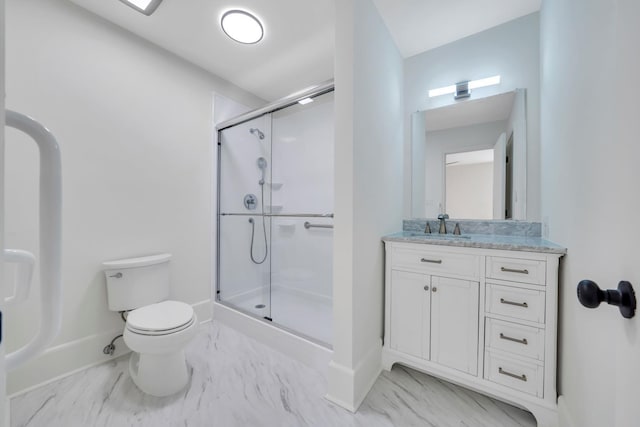 6695 Raintree Rd, Roanoke, VA 24018 - full bathroom featuring a stall shower, toilet, marble finish floors, baseboards, and vanity