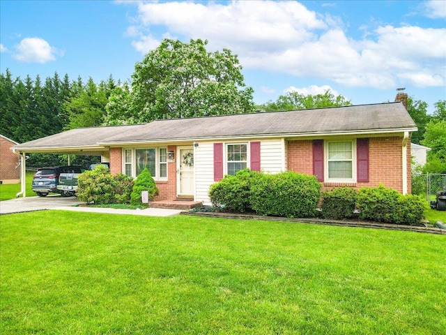 2136 Bainbridge Dr, Salem, VA 24153 - ranch-style house featuring brick siding, a chimney, a carport, driveway, and a front lawn