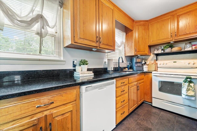 2136 Bainbridge Dr, Salem, VA 24153 - kitchen featuring white appliances, a sink, brown cabinetry, and open shelves