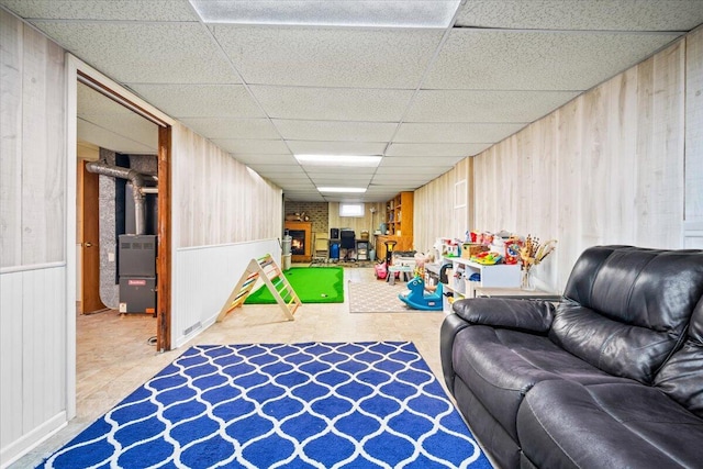 2136 Bainbridge Dr, Salem, VA 24153 - living area with wooden walls and a drop ceiling
