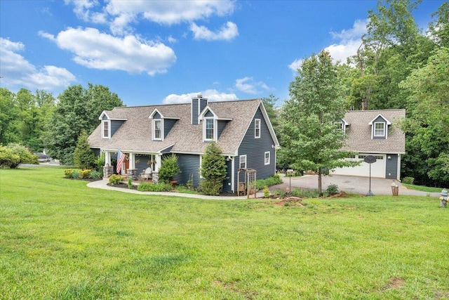 245 Indian Pointe Dr, Hardy, VA 24101 - new england style home with driveway, a front yard, a chimney, roof with shingles, and a porch