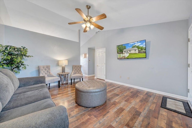 1152 Murray Ave SE, Roanoke, VA 24013 - living room featuring wood finished floors, baseboards, ceiling fan, and vaulted ceiling