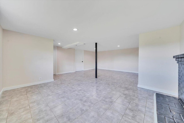 3734 Long Meadow Ave NW, Roanoke, VA 24017 - finished below grade area with recessed lighting, light tile patterned floors, baseboards, and a fireplace