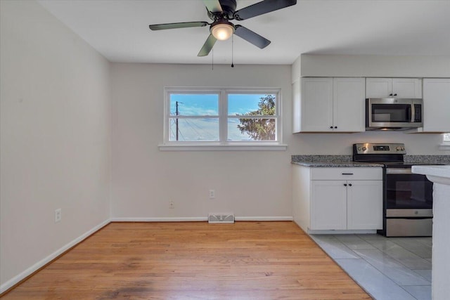 3734 Long Meadow Ave NW, Roanoke, VA 24017 - kitchen featuring appliances with stainless steel finishes, white cabinets, ceiling fan, baseboards, and light wood-style floors