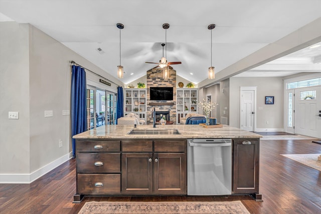 700 Thornblade Way, Blue Ridge, VA 24064 - kitchen featuring dishwasher, open floor plan, a sink, a ceiling fan, and a stone fireplace