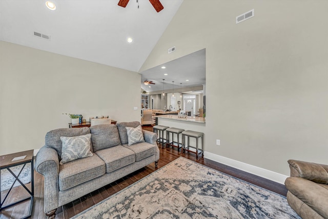 700 Thornblade Way, Blue Ridge, VA 24064 - living area featuring a ceiling fan, dark wood finished floors, baseboards, high vaulted ceiling, and recessed lighting