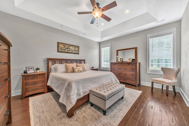 700 Thornblade Way, Blue Ridge, VA 24064 - bedroom featuring a tray ceiling, dark wood-style flooring, baseboards, multiple windows, and recessed lighting