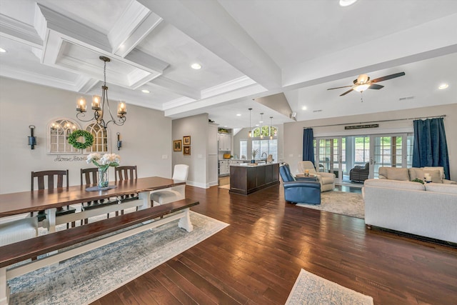 700 Thornblade Way, Blue Ridge, VA 24064 - dining area featuring beam ceiling, crown molding, a chandelier, dark wood-style flooring, and baseboards