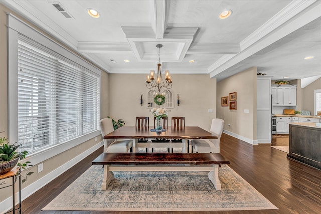 700 Thornblade Way, Blue Ridge, VA 24064 - dining room with a chandelier, dark wood-type flooring, ornamental molding, coffered ceiling, and baseboards