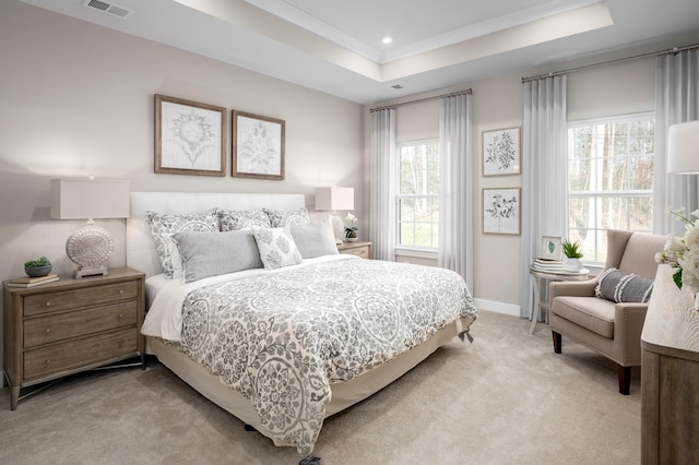 7272 Fairway Ridge Cir, Salem, VA 24153 - bedroom featuring light carpet, a tray ceiling, recessed lighting, baseboards, and ornamental molding