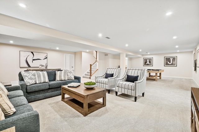 7272 Fairway Ridge Cir, Salem, VA 24153 - living room featuring recessed lighting, stairs, light carpet, and baseboards