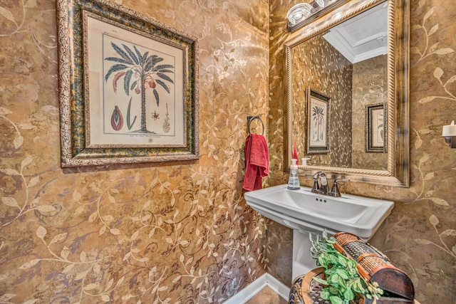 402 Anchor Dr, Moneta, VA 24121 - bathroom featuring wallpapered walls and ornamental molding