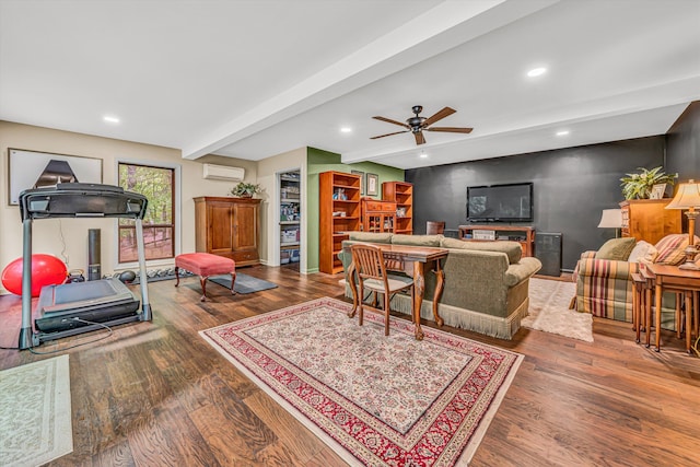 402 Anchor Dr, Moneta, VA 24121 - living room with wood finished floors, a wall unit AC, beamed ceiling, recessed lighting, and a ceiling fan