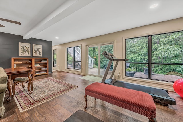 402 Anchor Dr, Moneta, VA 24121 - living room featuring beam ceiling, wood finished floors, ceiling fan, recessed lighting, and baseboards