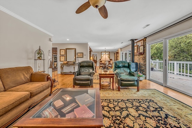 402 Anchor Dr, Moneta, VA 24121 - living room featuring light wood-style flooring, ceiling fan, ornamental molding, and recessed lighting