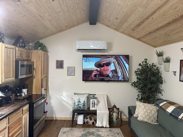 7506 Roaring Run Rd Unit 1, Covington, VA 24426 - living area with a wall mounted air conditioner, wood ceiling, dark wood finished floors, lofted ceiling, and baseboards