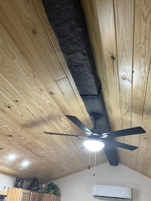7506 Roaring Run Rd Unit 1, Covington, VA 24426 - detailed view of wooden ceiling with exposed beams, a wall mounted AC, and a ceiling fan