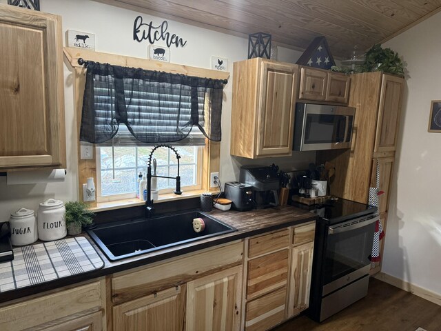 7506 Roaring Run Rd Unit 1, Covington, VA 24426 - kitchen with stainless steel appliances, a sink, dark countertops, dark wood finished floors, and baseboards